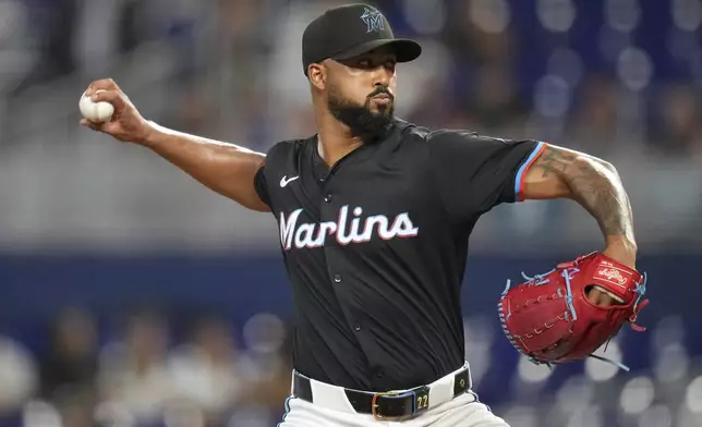 Miami Marlins starting pitcher Sandy Alcantara pitches during the first inning of a baseball game against the Kansas City Royals, Friday, July 18, 2025, in Miami. (AP Photo/Rebecca Blackwell)