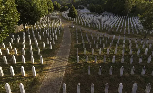 An aerial view of the Srebrenica Genocide Memorial Center in Potocari, Bosnia, on June 28, 2025. (AP Photo/Armin Durgut)
