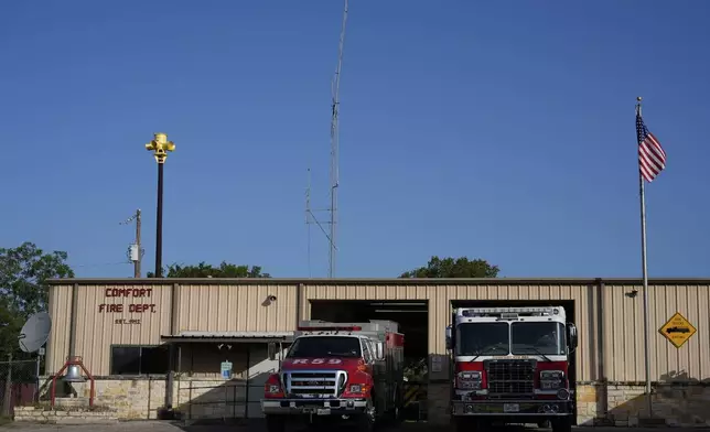 An emergency siren stands on top of the Comfort Volunteer Fire Department in Comfort, Texas, on Thursday, July 10, 2025. (AP Photo/Ashley Landis)