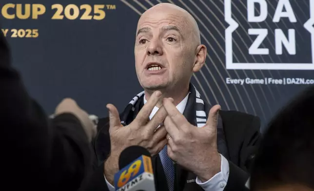 FILE - FIFA President Gianni Infantino speaks to the media at a welcoming event for the 2025 FIFA Club World Cup soccer tournament, April 10, 2025, in Philadelphia. (AP Photo/Chris Szagola, file)