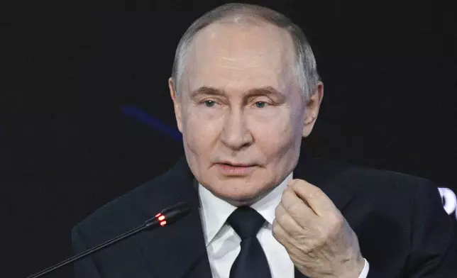 Russian President Vladimir Putin speaks during a plenary session of the 5th annual forum Strong Ideas for a New Time hosted by the autonomous non-profit organisation Agency for Strategic Initiatives to Promote New Projects (ASI) in Moscow, Russia, Thursday, July 3, 2025. (Ramil Sitdikov, Sputnik, Kremlin Pool Photo via AP)