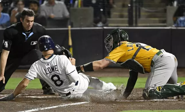 Tampa Bay Rays' Brandon Lowe (8) is tagged out at home by Athletics catcher Shea Langeliers, right, during the eighth inning of a baseball game Monday, June 30, 2025, in Tampa, Fla. (AP Photo/Jason Behnken)