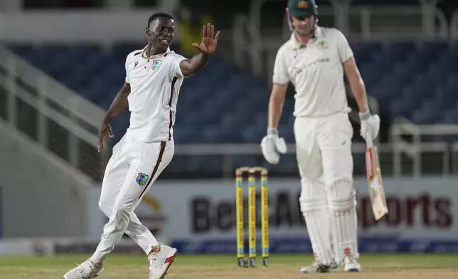 West Indies' Shamar Joseph reacts after a delivery to Australia's Cameron Green on day two of the third Test cricket match at Sabina Park in Kingston, Jamaica, Sunday, July 13, 2025. (AP Photo/Ricardo Mazalan)