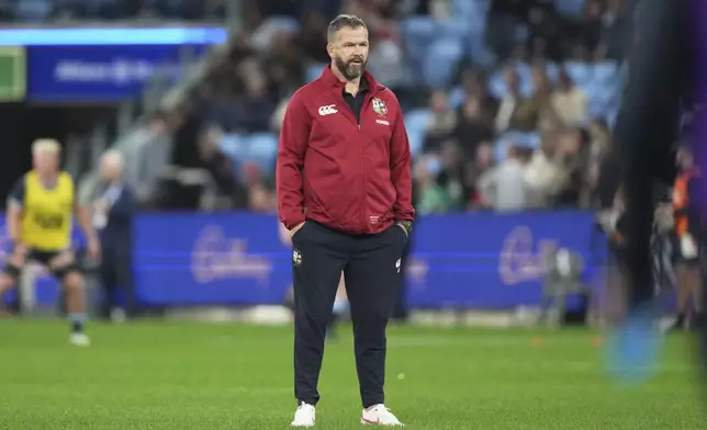 Coach of the British &amp; Irish Lions Andy Farrell watches his players warm up ahead of the Lions and Waratahs rugby match in Sydney, Australia, Saturday, July 5, 2025. (AP Photo/Mark Baker)