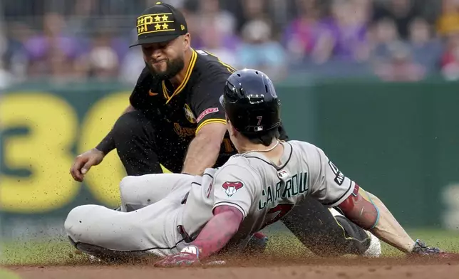 Arizona Diamondbacks' Corbin Carroll, bottom, is tagged out by Pittsburgh Pirates shortstop Isiah Kiner-Falefa, top, while trying to stretch a single into a double during the sixth inning of a baseball game, Friday, July 25, 2025, in Pittsburgh. (AP Photo/Matt Freed)