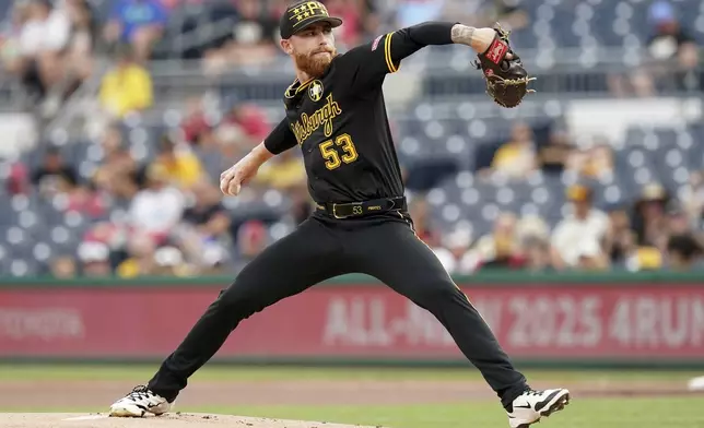Pittsburgh Pirates pitcher Mike Burrows delivers during the first inning of a baseball game against the Arizona Diamondbacks, Friday, July 25, 2025, in Pittsburgh. (AP Photo/Matt Freed)