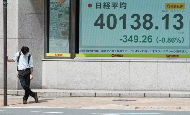 A person rests under the intense sun near an electronic stock board displaying Japan's Nikkei index at a securities firm Tuesday, July 1, 2025, in Tokyo. (AP Photo/Eugene Hoshiko)