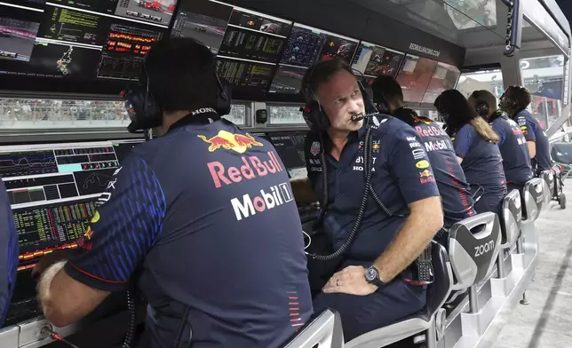 FILE - Red Bull team principal Christian Horner looks from the pitwall during qualifying session ahead of the Abu Dhabi Formula One Grand Prix at the Yas Marina Circuit, Abu Dhabi, UAE, Nov. 25, 2023. (Ali Haider/Pool via AP File)