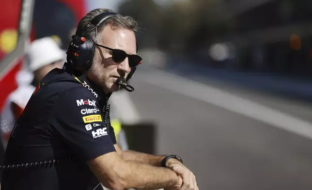 FILE - Team chief Christian Horner of Red Bull Racing looks at the track during the practice runs prior to the Formula One Mexico Grand Prix auto race at the Hermanos Rodriguez racetrack, in Mexico City, Oct. 28, 2023. (Andres Staph/Pool photo via AP File)