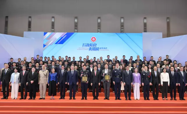 CE presents award certificates of Chief Executive's Award for Exemplary Performance to HKSAR Search and Rescue Team and Inter-departmental Preparation Team for Kai Tak Sports Park Commissioning  Source: HKSAR Government Press Releases