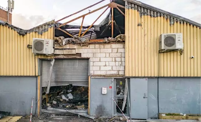 This undated handout photo taken in 2024 and provided by the London Metropolitan Police on Monday, June 9, 2025, shows damage to a warehouse in east London which was storing goods for Ukraine, after a fire which prosecutors said was organized on behalf of Russia's intelligence services. (London Metropolitan Police via AP)