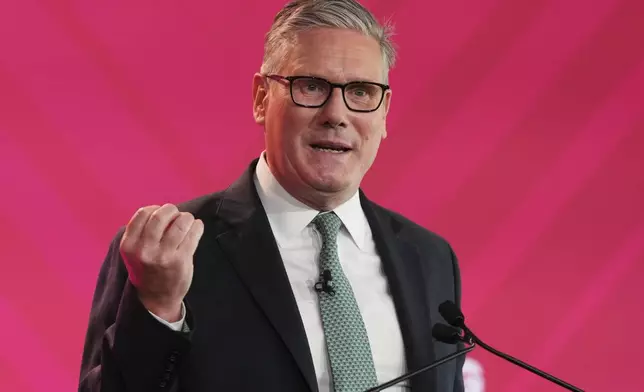 Britain's Prime Minister Keir Starmer speaks at a civil society summit in London, Thursday, July 17, 2025.(AP Photo/Frank Augstein, Pool)