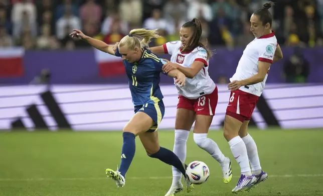 Poland's Emilia Szymczak fights for the ball with Sweden's Stina Blackstenius, left, during the Euro 2025, group C, soccer match between Poland and Sweden at Allmend Stadion Luzern in Lucerne, Switzerland, Tuesday, July 8, 2025. (AP Photo/Alessandra Tarantino)