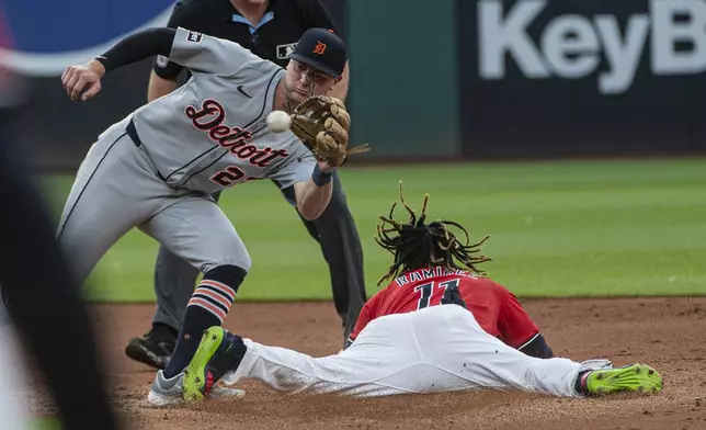 Detroit Tigers' Trey Sweeney waits for the throw as Cleveland Guardians' Jose Ramirez steals second base during the fourth inning of a baseball game, Saturday, July 5, 2025, in Cleveland. (AP Photo/Phil Long)