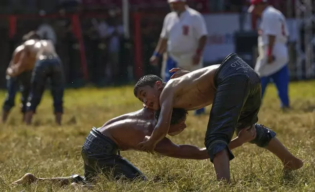 Young wrestlers compete during the 664th annual Historic Kirkpinar Oil Wrestling championship, in Edirne, northwestern Turkey, Sunday, July 6, 2025. (AP Photo/Khalil Hamra)