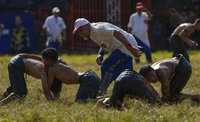 Young wrestlers compete during the 664th annual Historic Kirkpinar Oil Wrestling championship, in Edirne, northwestern Turkey, Sunday, July 6, 2025.(AP Photo/Khalil Hamra)