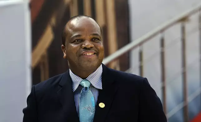FILE - King Mswati III of Eswatini arrives for the swearing-in ceremony of Cyril Ramaphosa at Loftus Versfeld stadium in Pretoria, South Africa, on May 25, 2019. (AP Photo/Jerome Delay, File)