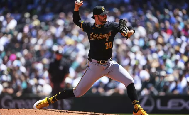 Pittsburgh Pirates starting pitcher Paul Skenes throws against the Seattle Mariners during the second inning of a baseball game Sunday, July 6, 2025, in Seattle. (AP Photo/Lindsey Wasson)