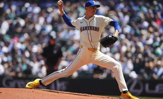 Seattle Mariners starting pitcher George Kirby throws against the Pittsburgh Pirates during the second inning of a baseball game Sunday, July 6, 2025, in Seattle. (AP Photo/Lindsey Wasson)