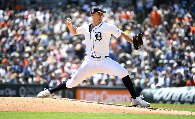 Detroit Tigers starting pitcher Jack Flaherty throws in the second inning of a baseball game against the Toronto Blue Jays, Sunday, July 27, 2025, in Detroit. (AP Photo/Jose Juarez)