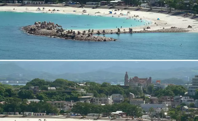 This combination of images taken from a fixed position video shows a beach immidiately after a strong earthquake near Russia’s Kamchatka Peninsula, above, and after people evacuated following a tsunami warning, in Shirahama, Wakayama prefecture, western Japan Wednesday, July 30, 2025. (Kyodo News via AP)