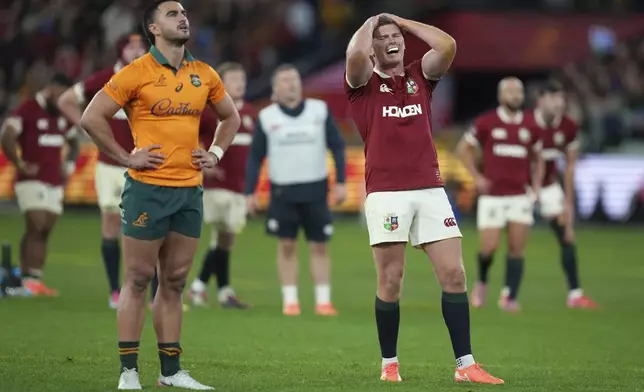 Owen Farrell of the British &amp; Irish Lions reacts after Hugo Keenan's winning try was reveiwed during the second rugby union test against Australia at the Melbourne Cricket Ground in Melbourne, Australia, Saturday, July 26, 2025. (AP Photo/Asanka Brendon Ratnayake)