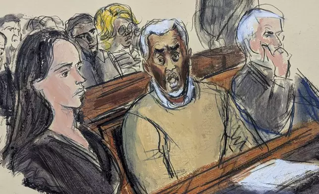 In this courtroom sketch, flanked by defense attorneys Teny Geragos, left, and Brian Steel, right, Sean "Diddy" Combs, center, reacts after he was denied bail on prostitution-related offenses, Wednesday, July 2, 2025, in Manhattan federal court in New York. (Elizabeth Williams via AP)