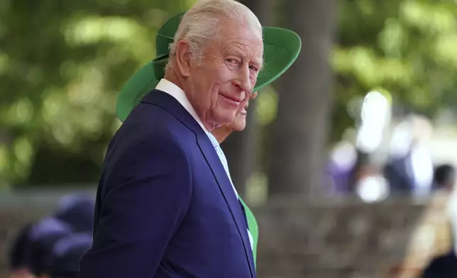 Britain's King Charles III and Queen Camilla await French President Emmanuel Macron and his wife Brigitte to Windsor Castle in Windsor, England, Tuesday, July 8, 2025.(AP Photo/Alberto Pezzali, Pool)
