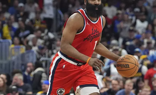 FILE - Los Angeles Clippers guard James Harden (1) in the second half of Game 7 of an NBA basketball first-round playoff series Saturday, May 3, 2025, in Denver. (AP Photo/David Zalubowski, File)