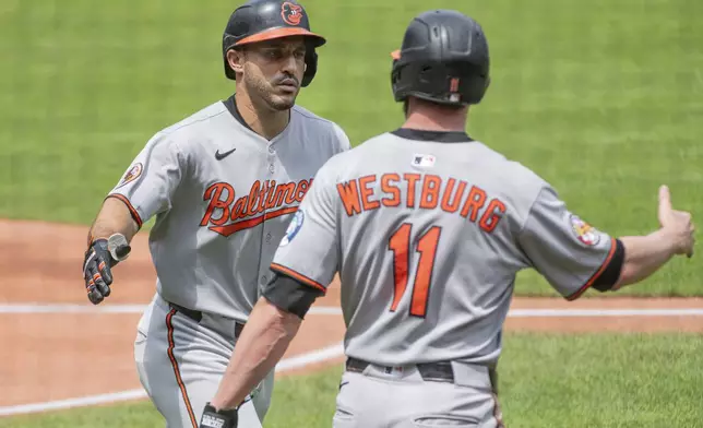 Baltimore Orioles' Jordan Westburg (11) congratulates Ramon Laureano, left, after his two-run home run off Cleveland Guardians starting pitcher Logan Allen during the first inning of a baseball game, Thursday, July 24, 2025, in Cleveland. (AP Photo/Phil Long)