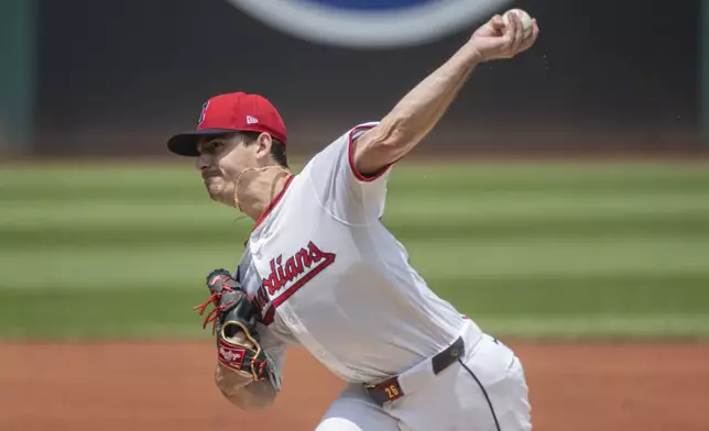Cleveland Guardians starting pitcher Logan Allen delivers against the Baltimore Orioles during the first inning of a baseball game, Thursday, July 24, 2025, in Cleveland. (AP Photo/Phil Long)