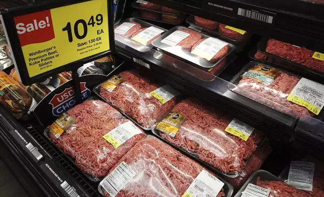 A price for beef is displayed at a grocery store in Mount Prospect, Ill., Thursday, July 17, 2025. (AP Photo/Nam Y. Huh)