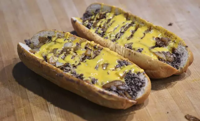 Beef cheesesteak are seen at Jim's South St. in Philadelphia, Wednesday, July 23, 2025. (AP Photo/Matt Rourke)