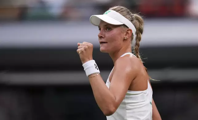 Dayana Yastremska of Ukraine reacts during her first round women's single match against Coco Gauff of the U.S. at the Wimbledon Tennis Championships in London, Tuesday, July 1, 2025.(AP Photo/Kirsty Wigglesworth)