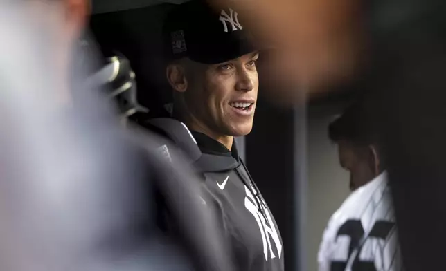 New York Yankees' Aaron Judge, who is out due to an injury, watches from the dugout during the second inning of a baseball game against the Philadelphia Phillies, Sunday, July 27, 2025, in New York. (AP Photo/Angelina Katsanis)