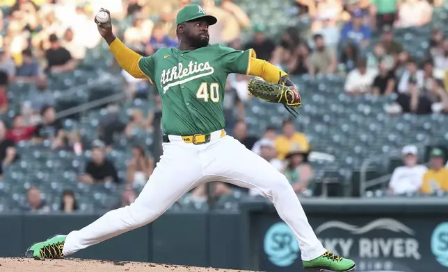 Athletics pitcher Luis Severino throws to the Toronto Blue Jays during the second inning of a baseball game Friday, July 11, 2025, in West Sacramento, Calif. (AP Photo/Sara Nevis)
