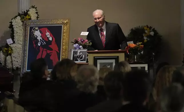 FILE - Televangelist Jimmy Swaggart speaks at the funeral service for his cousin, rock and roll pioneer Jerry Lee Lewis, in Ferriday, La., Saturday, Nov. 5, 2022. (AP Photo/Gerald Herbert, file)
