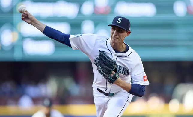 Seattle Mariners starting pitcher George Kirby throws against the Kansas City Royals during the first inning of a baseball game Monday, June 30, 2025, in Seattle. (AP Photo/John Froschauer)