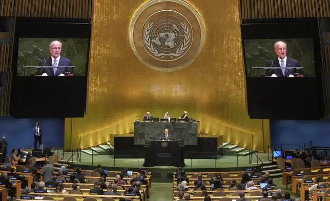 Palestine Prime Minister Mohammed Mustafa addresses the United Nations General Assembly, Monday, July 28, 2025. (AP Photo/Richard Drew)