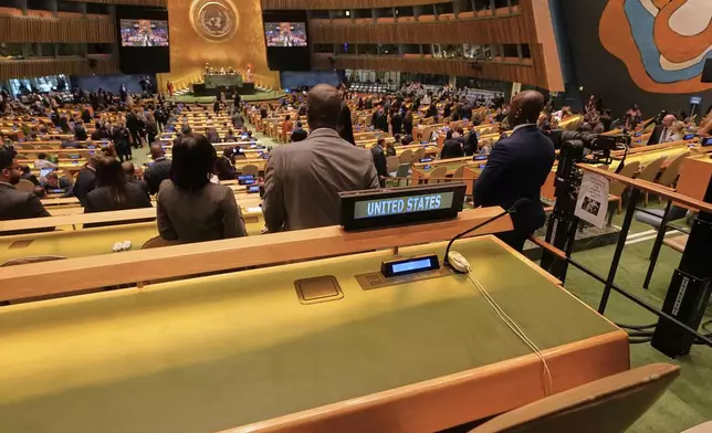 The United States delegation seat is unoccupied in the United Nations General Assembly, Monday, July 28, 2025. (AP Photo/Richard Drew)