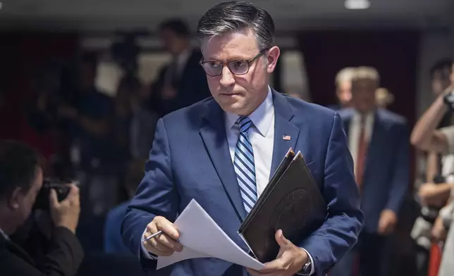 Speaker of the House Mike Johnson, R-La., arrives for a news conference at the Republican National Committee headquarters in Washington, Tuesday, July 15, 2025. (AP Photo/J. Scott Applewhite)