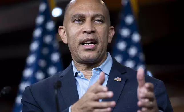 House Minority Leader Hakeem Jeffries, D-N.Y., speaks about President Donald Trump's policies and the GOP's tax and spending cut bill that passed this month, during a news conference at the Capitol in Washington, Monday, July 14, 2025. (AP Photo/J. Scott Applewhite)