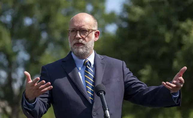 Office of Management and Budget Director Russell Vought speaks with reporters at the White House, Thursday, July 17, 2025, in Washington. (AP Photo/Alex Brandon)