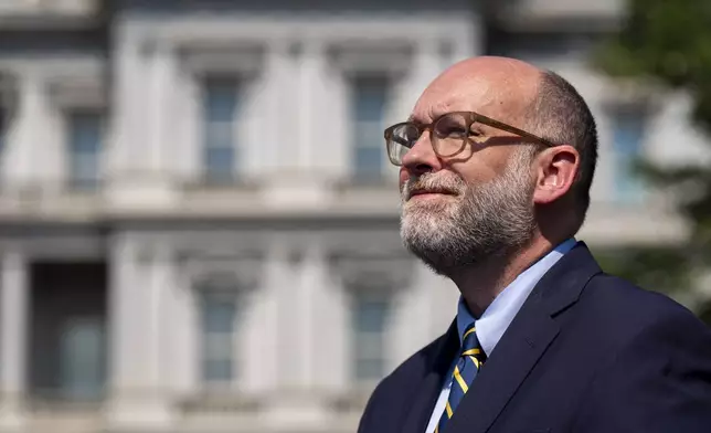 Office of Management and Budget Director Russell Vought speaks with reporters at the White House, Thursday, July 17, 2025, in Washington. (AP Photo/Alex Brandon)