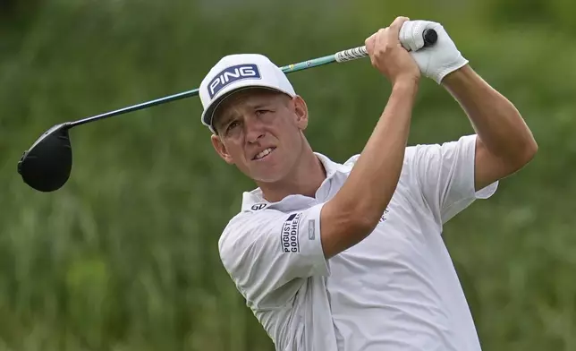 Sam Stevens hits from the 12th tee during the first round of the 3M Open golf tournament at the Tournament Players Club Thursday, July 24, 2025, in Blaine, Minn. (AP Photo/Abbie Parr)