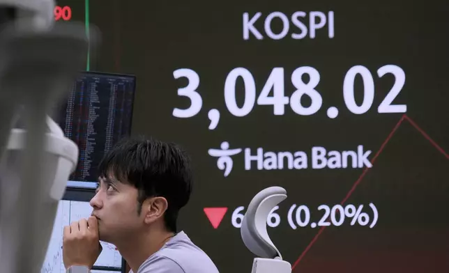 A currency trader watches monitors near a screen showing the Korea Composite Stock Price Index (KOSPI) at the foreign exchange dealing room of the KEB Hana Bank headquarters in Seoul, South Korea, Monday, July 7, 2025. (AP Photo/Ahn Young-joon)