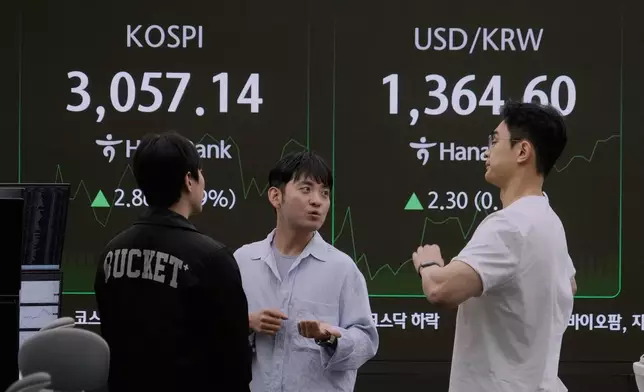 Currency traders work near a screen showing the Korea Composite Stock Price Index (KOSPI), top left, and the foreign exchange rate between U.S. dollar and South Korean won at the foreign exchange dealing room of the KEB Hana Bank headquarters in Seoul, South Korea, Monday, July 7, 2025. (AP Photo/Ahn Young-joon)
