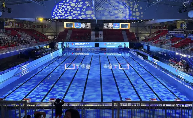 The main swimming pool is seen at the World Aquatics Championships in Singapore, Thursday, July 24, 2025. (AP Photo/Vincent Thian)