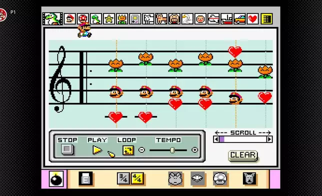You can animate your drawings and compose music to craft your own video creations in the Mario Paint game.