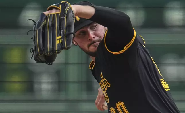 Pittsburgh Pirates pitcher Paul Skenes delivers during the first inning of a baseball game against the Detroit Tigers in Pittsburgh, Monday, July 21, 2025. (AP Photo/Gene J. Puskar)